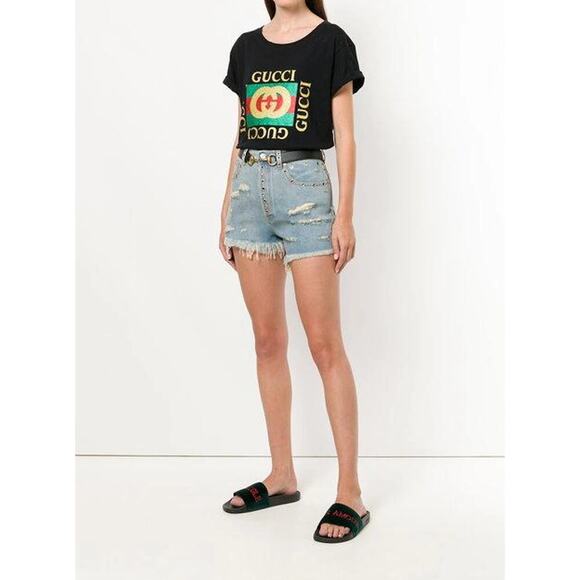 NIB Gucci Pursuit Embroidered Velvet Pool Slide Sandal, Black In Green Size 37 - Picture 2 of 14